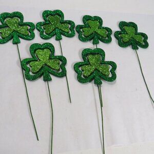 Glittered Shamrock (6) twirling wood & metal picks St Patrick Green Floral Pick